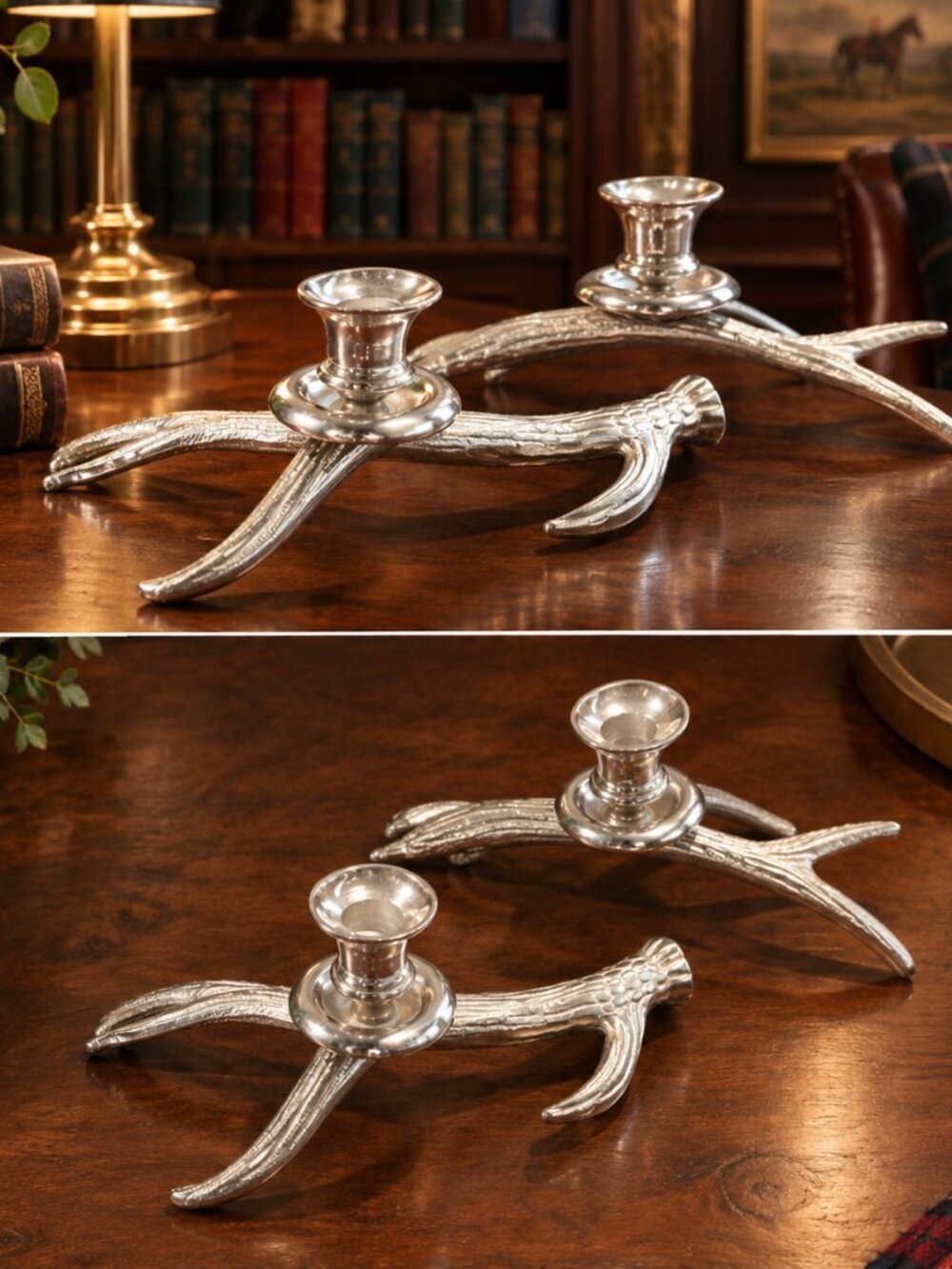 Vintage Metal Antler Candle Holders Silver Tone Holiday Ralph Lauren Style